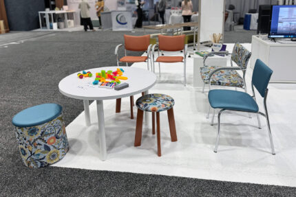 wavelink modular table, companion american-made chair, rai steel healthcare stool, odis storage stool
