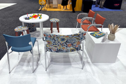 companion american-made chair, wavelink table, geometrix corian table, rai healthcare stool, odis storage stool