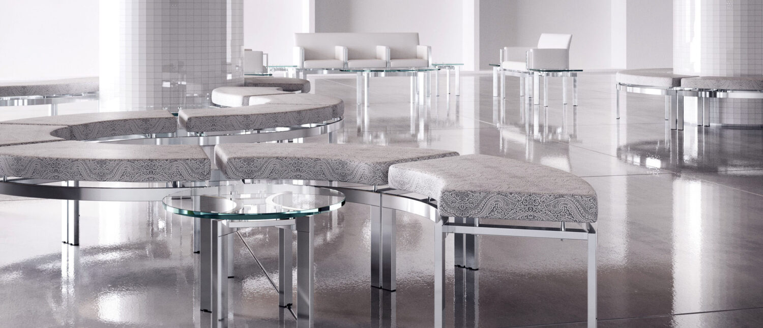 immix steel lounge seating system, curvare glass occasional table