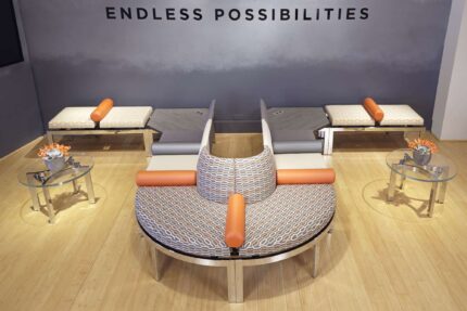 immix steel seating system, curvare glass occasional table