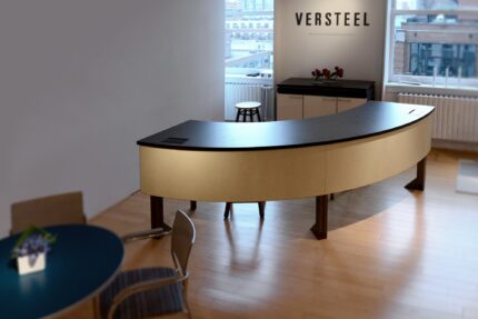 tier lecture hall table with american-made inset power access and entourage storage cabinet