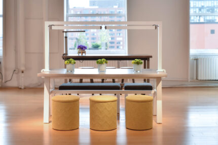 maker project steel table and lighting, ollie storage stool