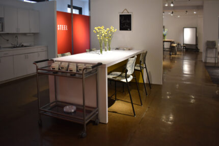 parsons table, kompis chair, entourage mobile cart