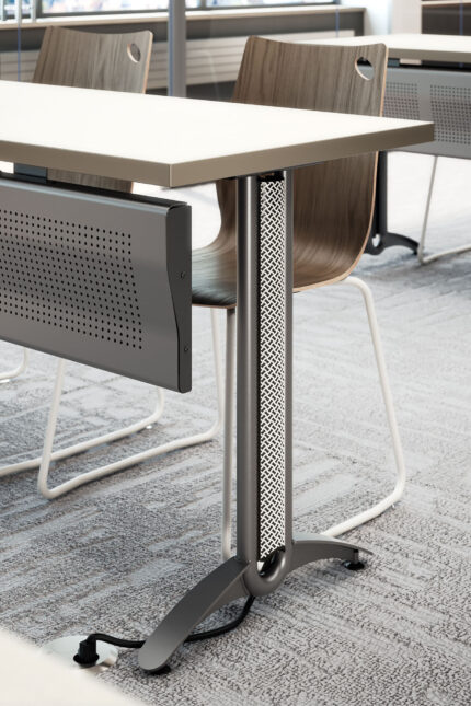 vela wire mesh table, zuri chair and stool, inset power access