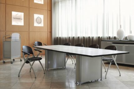 elements conference table, simon nesting chair, entourage mobile lectern and storage cabinet