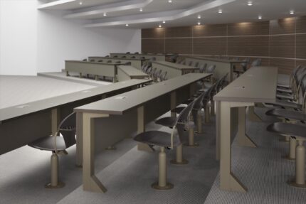 tier lecture hall table with american-made inset power access and chela beam seating system