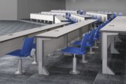 tier lecture hall table with american-made power access and quanta max beam seating