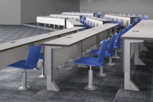 tier lecture hall table with american-made power access and quanta max beam seating