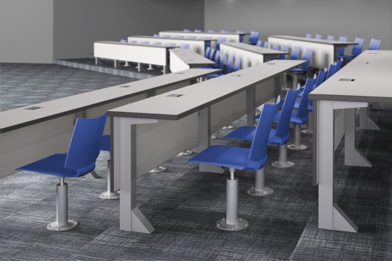 tier lecture hall table with american-made power access and quanta max beam seating