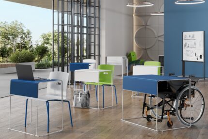 ODIS stacking table, sate poly shell chair