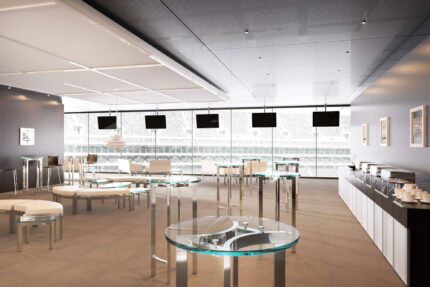 immix steel seating system, curvare glass occasional table