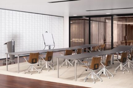 wavelink modular table, quanta task chair, interplay looksee whiteboard and wordplay steel lectern