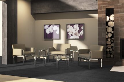 immix steel seating system, curvare glass occasional table