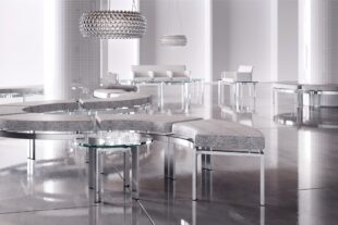 immix steel seating system, curvare glass occasional table
