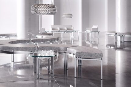 immix steel seating system, curvare glass occasional table