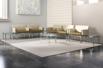 immix steel seating system, curvare glass occasional table