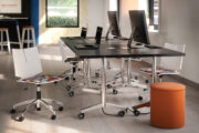 troupe steel leg table, quanta max chair, ollie storage stool