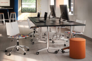 troupe steel leg table, quanta max chair, ollie storage stool