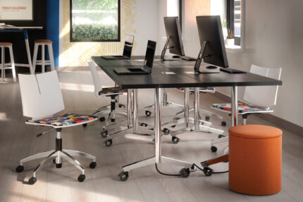 troupe steel leg table, quanta max chair, ollie storage stool