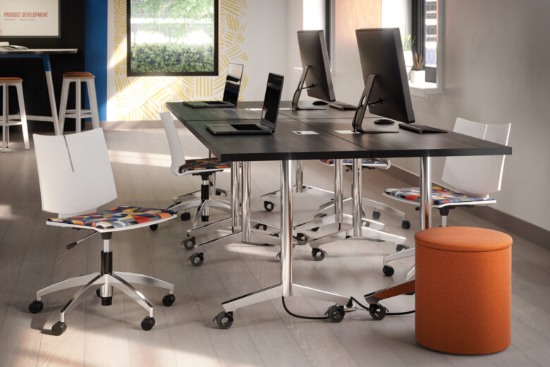 troupe steel leg table, quanta max chair, ollie storage stool