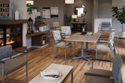 socius healthcare lounge chair, performance american-made table, entourage storage cabinet