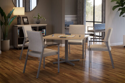 socius healthcare lounge chair, performance table, entourage storage cabinet