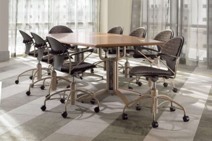 vela wire mesh table, chela American-made steel chair