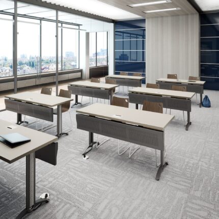 vela wire mesh table, zuri seating, inset power access