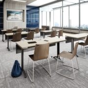 vela wire mesh table, zuri seating, inset power access