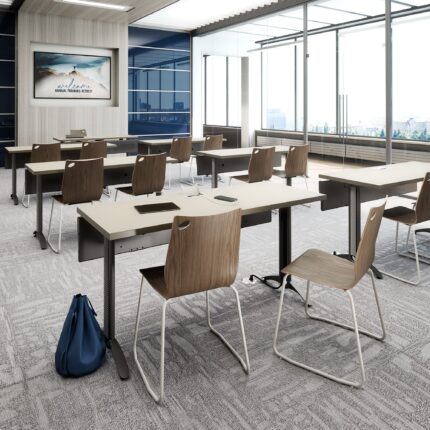 vela wire mesh table, zuri seating, inset power access