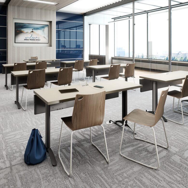vela wire mesh table, zuri seating, inset power access
