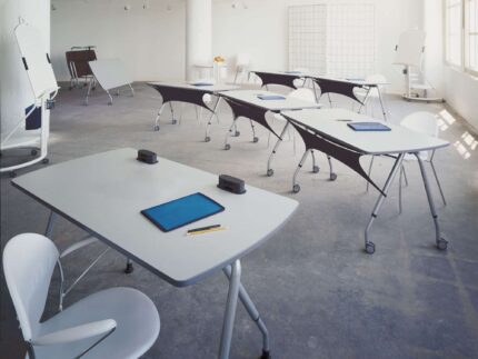 TIM flip-top training table, chela american-made chair, interplay looksee mobile whiteboard