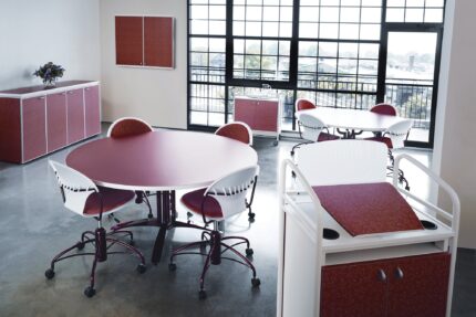 entourage storage cabinet, mobile cart and lectern, whiteboard, vela wire mesh table