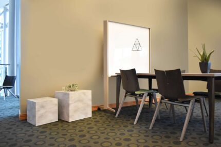 arvo table, quanta max chair, eliga whiteboard, geometric corian occasional table