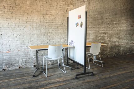 eliga commercial training table, quanta max chair, mobile powder coated screen