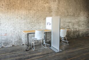 eliga commercial training table, quanta max stacking chair, freestanding acrylic screen