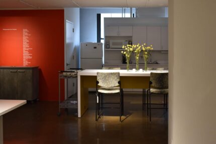 parsons communal table, kompis chair, entourage storage cabinet