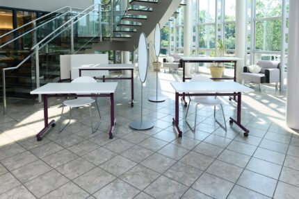 performance sky pneumatic adjustable height table, chela american-made chair, oh! steel screen