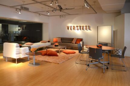 elly upholstered lounge chair, deci steel table, eliga whiteboard, quanta max chair