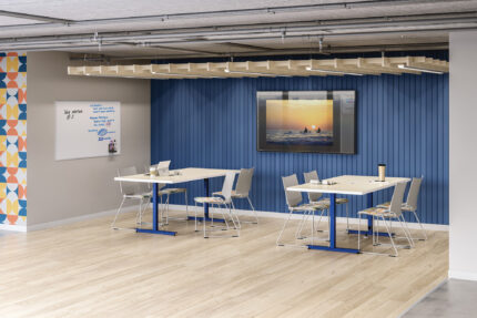 skware mobile training table with american-made inset power access, quanta max chair