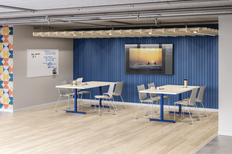 skware mobile training table with american-made inset power access, quanta max chair