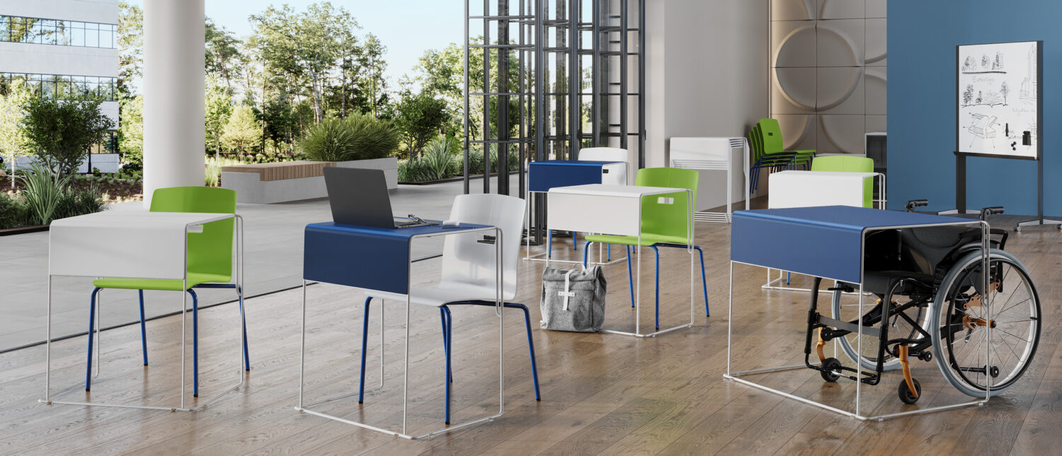 odis stacking table, sate poly shell chair, eliga whiteboard