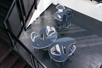 interplay rover mobile station, wavelink modular table, chela chair