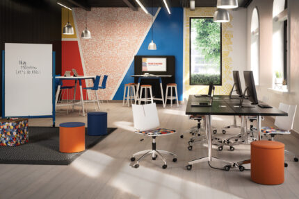 troupe steel leg table, quanta max chair, ollie storage stool, troupe media wall furniture, mobile powder coated screen, troupe steel stool and bench