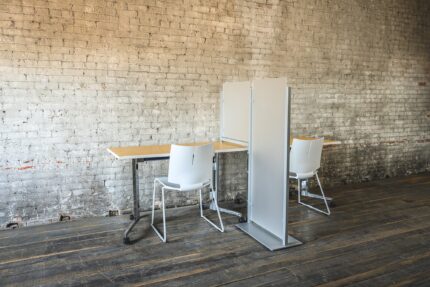 eliga training table, quanta max stacking chair, freestanding acrylic screen