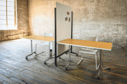eliga training table, quanta max stacking chair, mobile powder coated screen