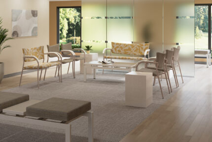 companion healthcare chair, immix steel seating system, GeoMetrix corian occasional table