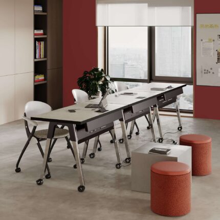 troupe table, simon nesting chair, ollie storage stool, GeoMetrix corian occasional table