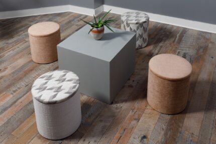 GeoMetrix corian occasional table, ollie storage stool