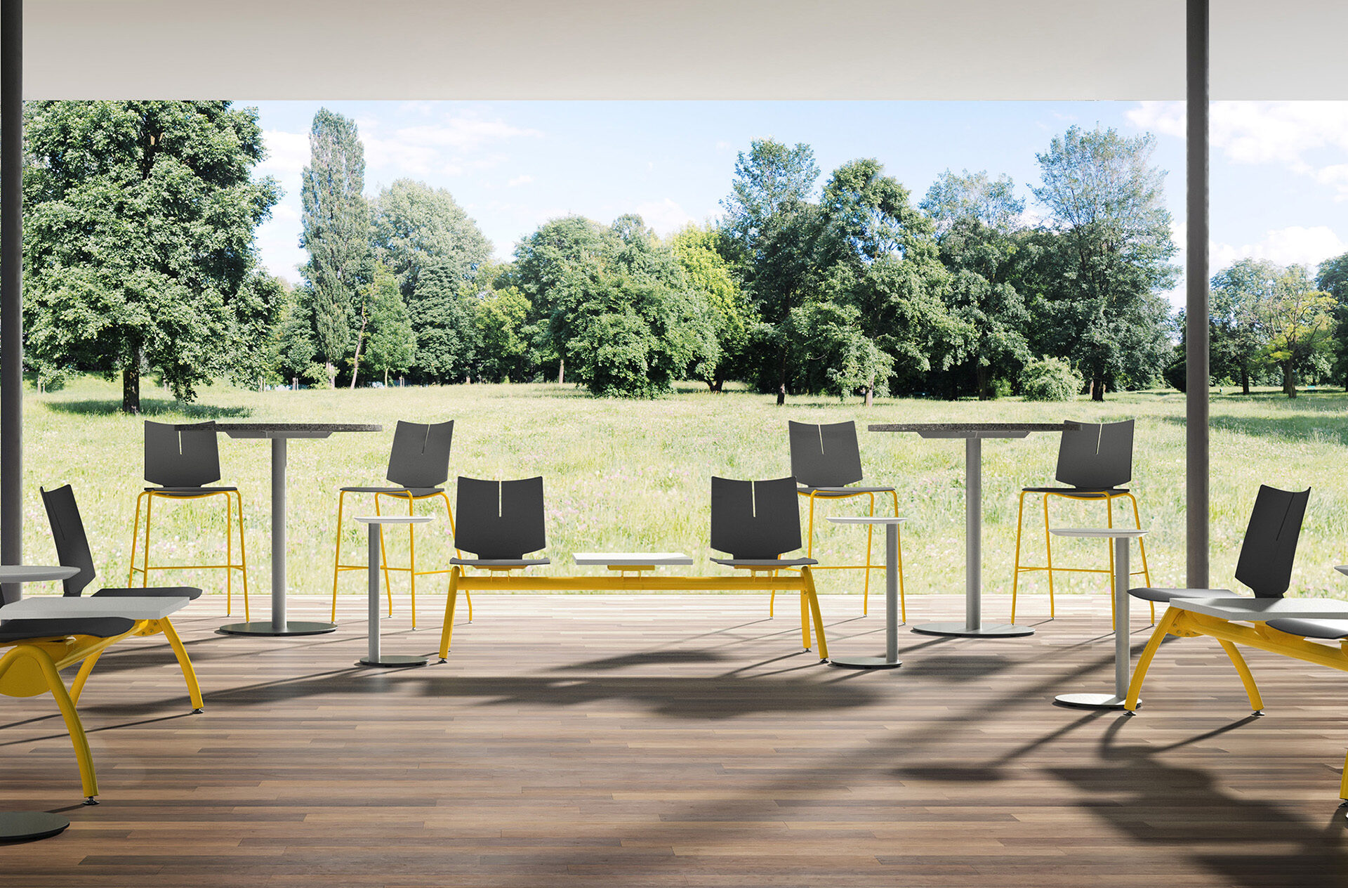 quanta max beam chair, oh! seating system, deci commercial dining table